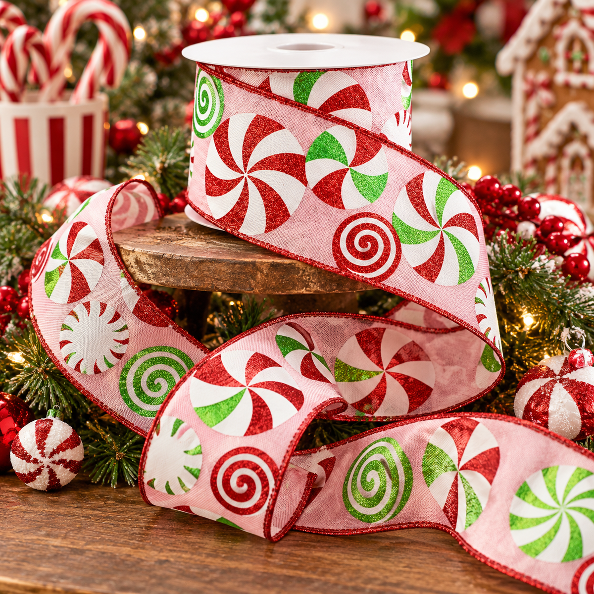 2.5" x 10 Yds Peppermint Candy Wired Ribbon