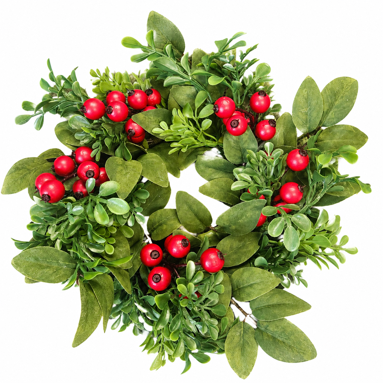 12" Mixed Boxwood Red Berry Candle Ring