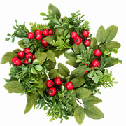 12" Mixed Boxwood Red Berry Candle Ring