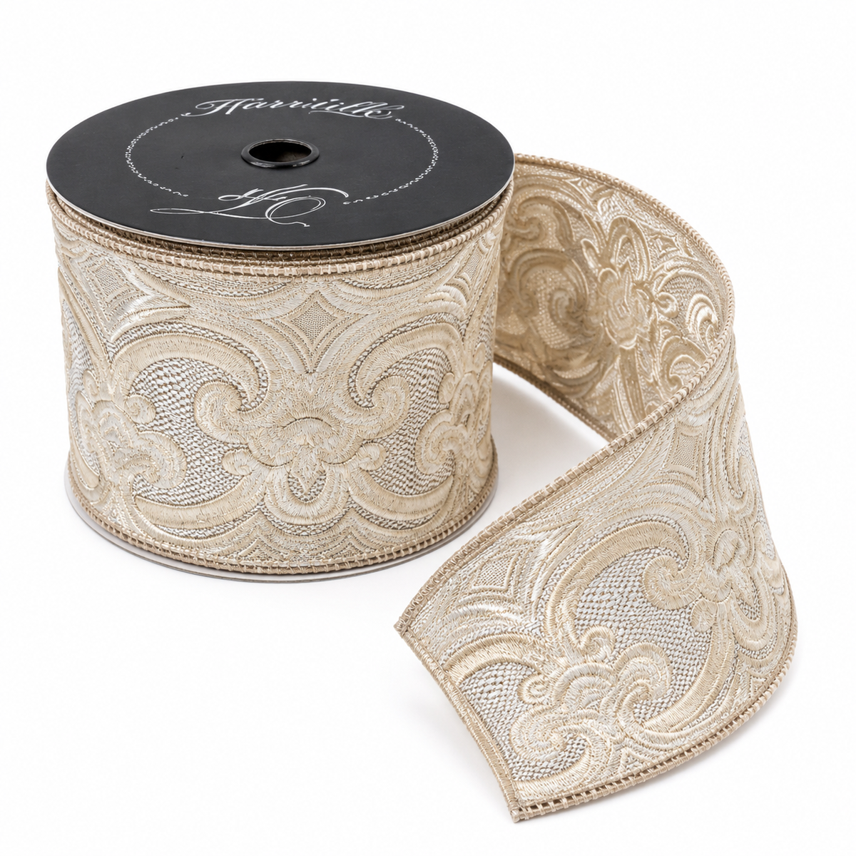 4" x 10 Yards Champagne Plush Fleur de Lis Wired Ribbon