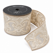 4" x 10 Yards Champagne Plush Fleur de Lis Wired Ribbon