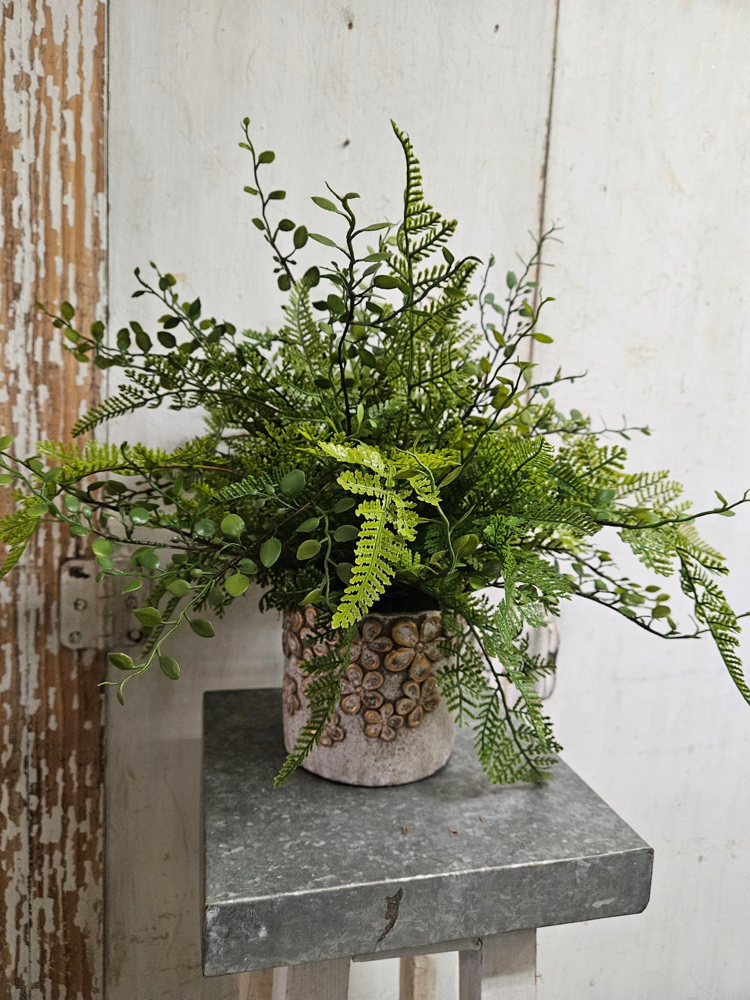 Custom Mixed Fern in Golden Flower Petal Container