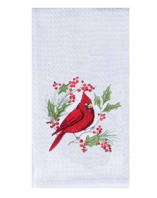 Embroidered  Cardinal & Holly Towel