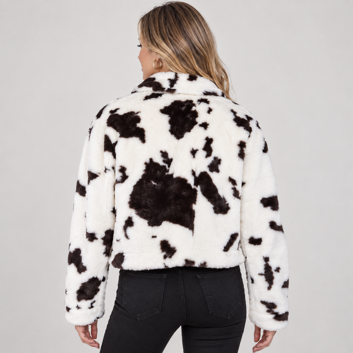 Cow Print Ivory Faux Fur Jacket