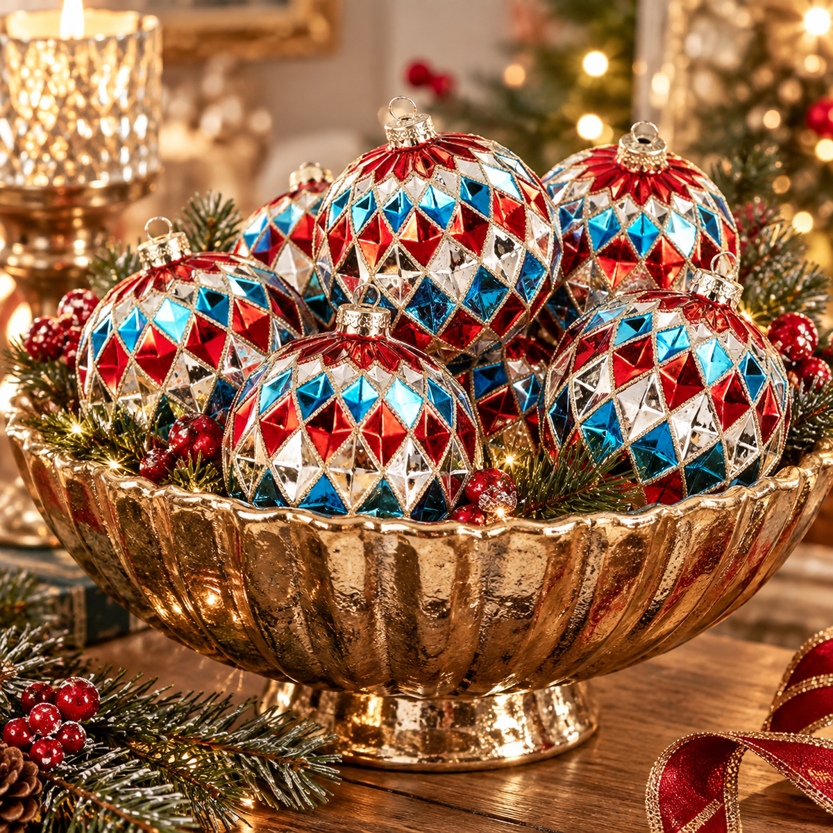 4.5" Red & Blue Harlequin Ball Ornament