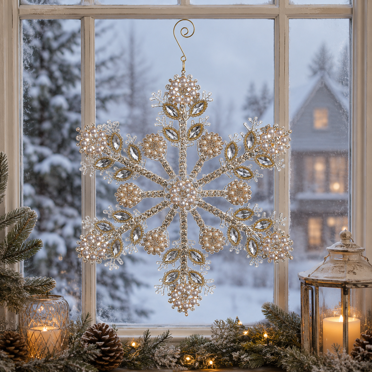 10.5" Pearl & Jeweled Snowflake Ornament