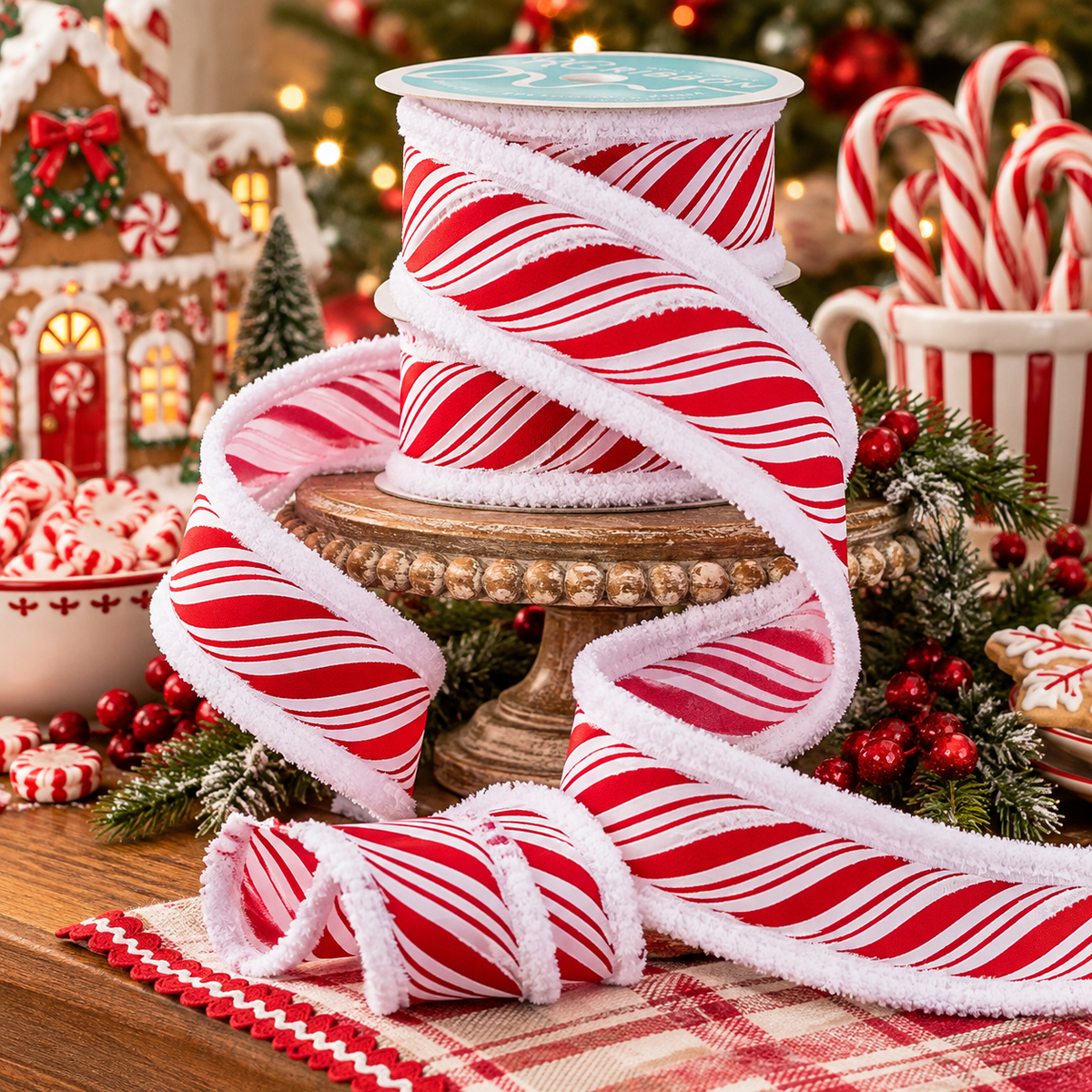 1.5" x 10 Yds Peppermint Snow Edged Wired Ribbon