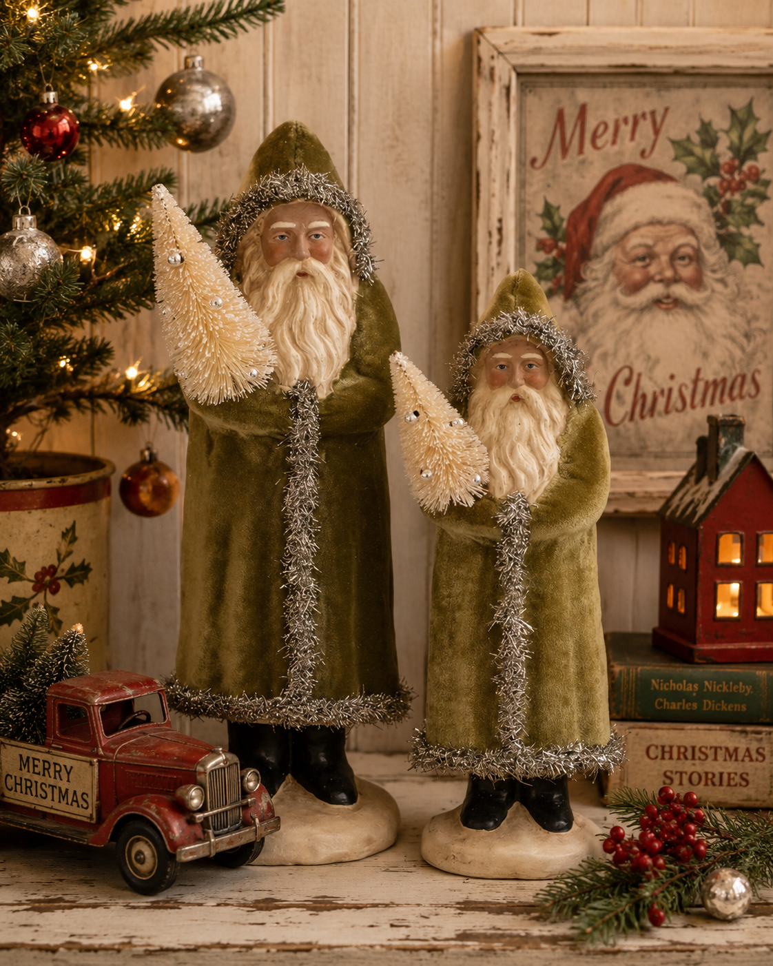 Tinsel Trimmed Green Santa (2-Sizes)