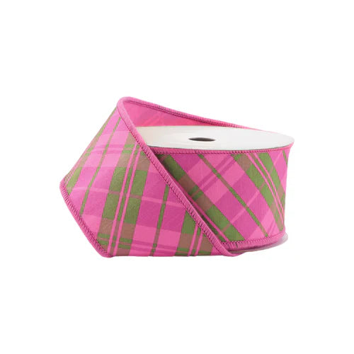 2.5" x 10 Yds Pink & Green Plaid Wired Dupioni Ribbon