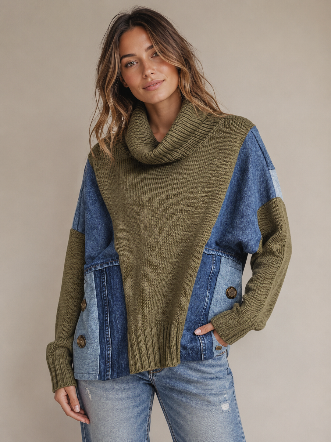 Hand Crafted Denim Panel 100% Cotton Sweater