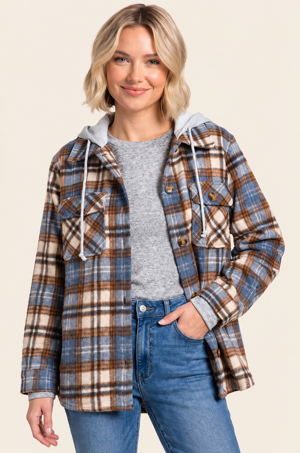 Plaid Flannel Button Shirt with Hood