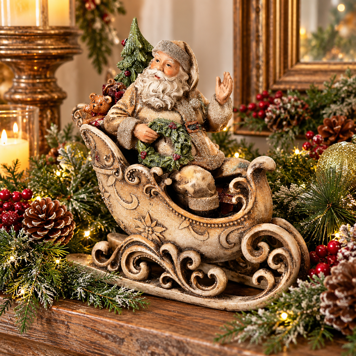 Natural Frosted Santa in Sleigh