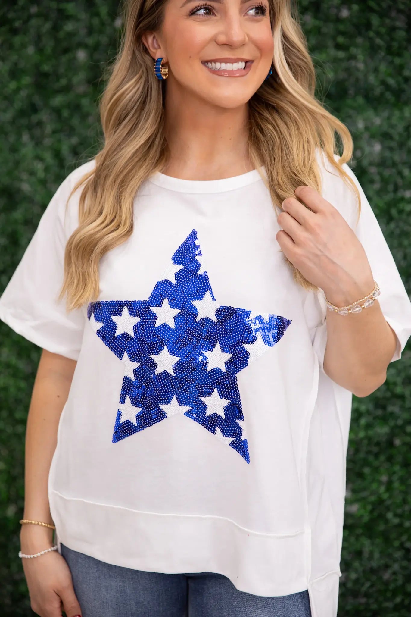 (2 Sizes) Patriotic Blue Sequined Star Top