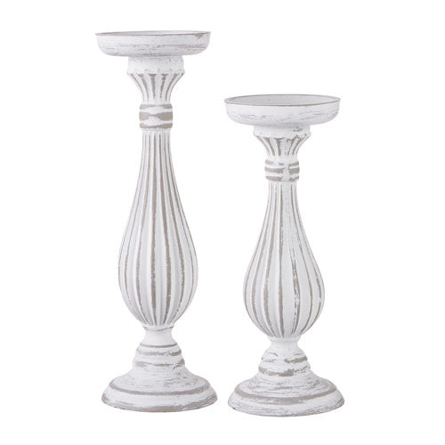 Set of 2 White Distressed Candle Sticks