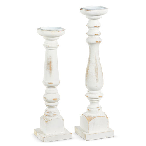 White Distressed Candle Sticks Pair