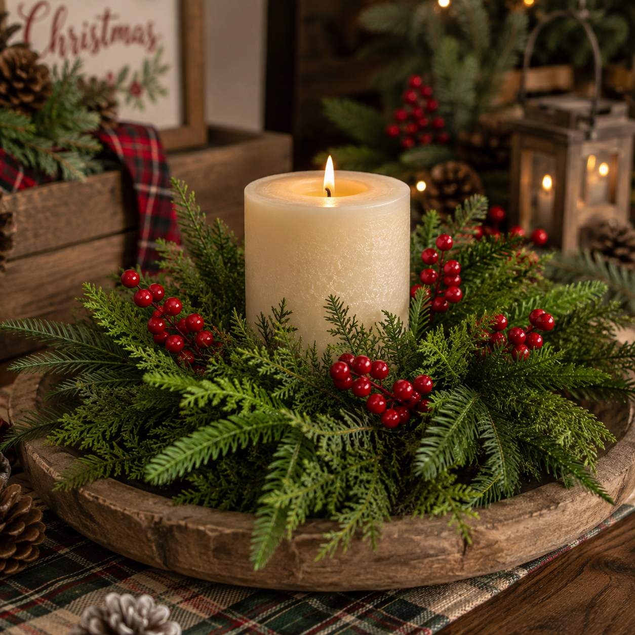 Natural Touch Mixed Evergreen & Berry Candle Ring