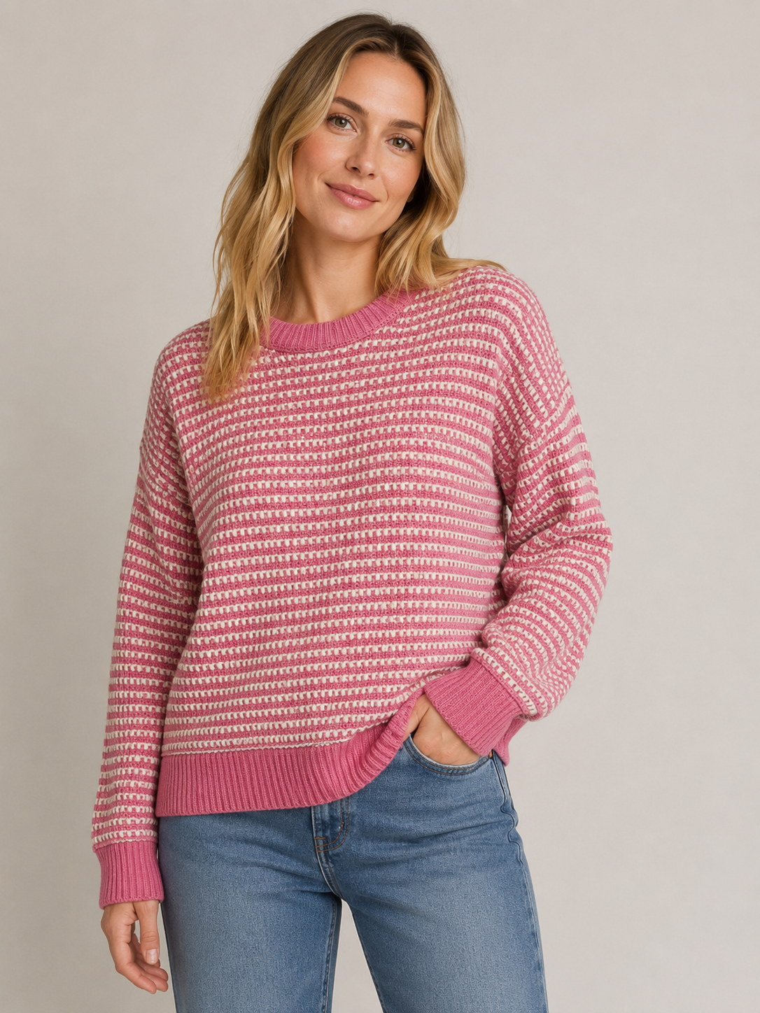 Two Tone Waffle Weave Striped Pull Over Sweater By: Staccato