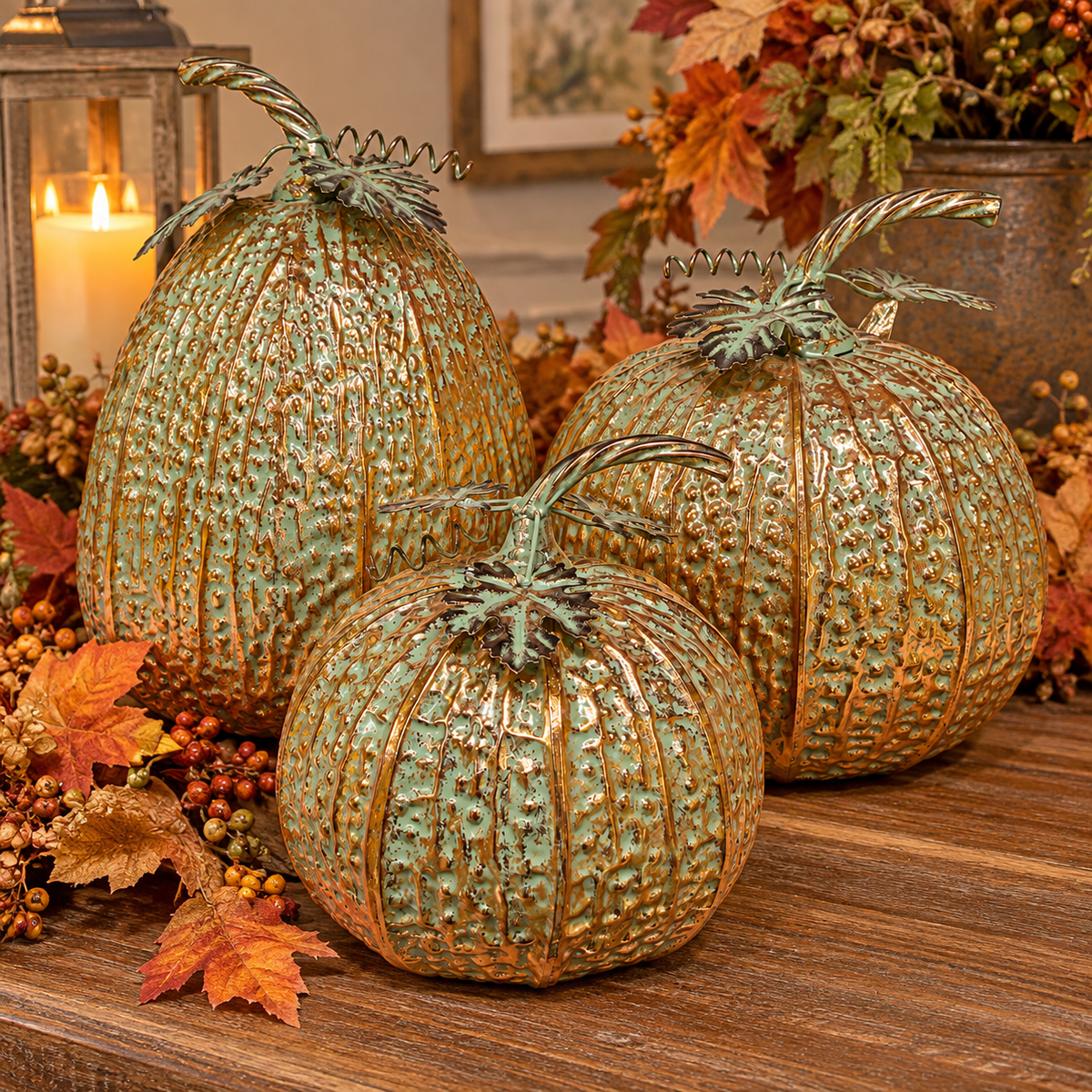 Set of 3 Copper & Verdigris Metal Pumpkins
