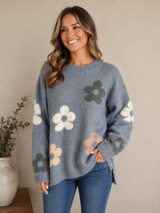 Daisy Floral Blue Step Hem Sweater By: Papillon