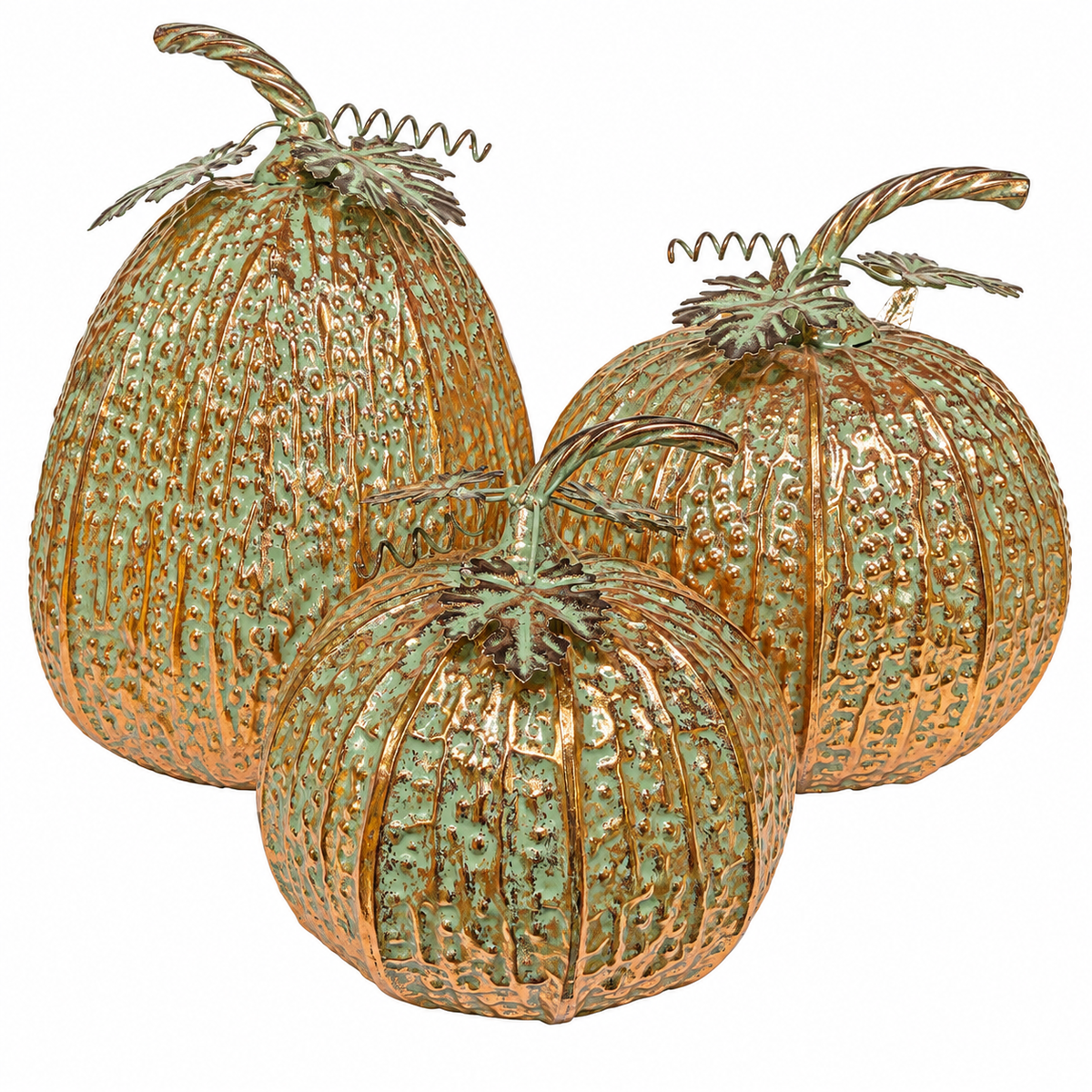 Set of 3 Copper & Verdigris Metal Pumpkins