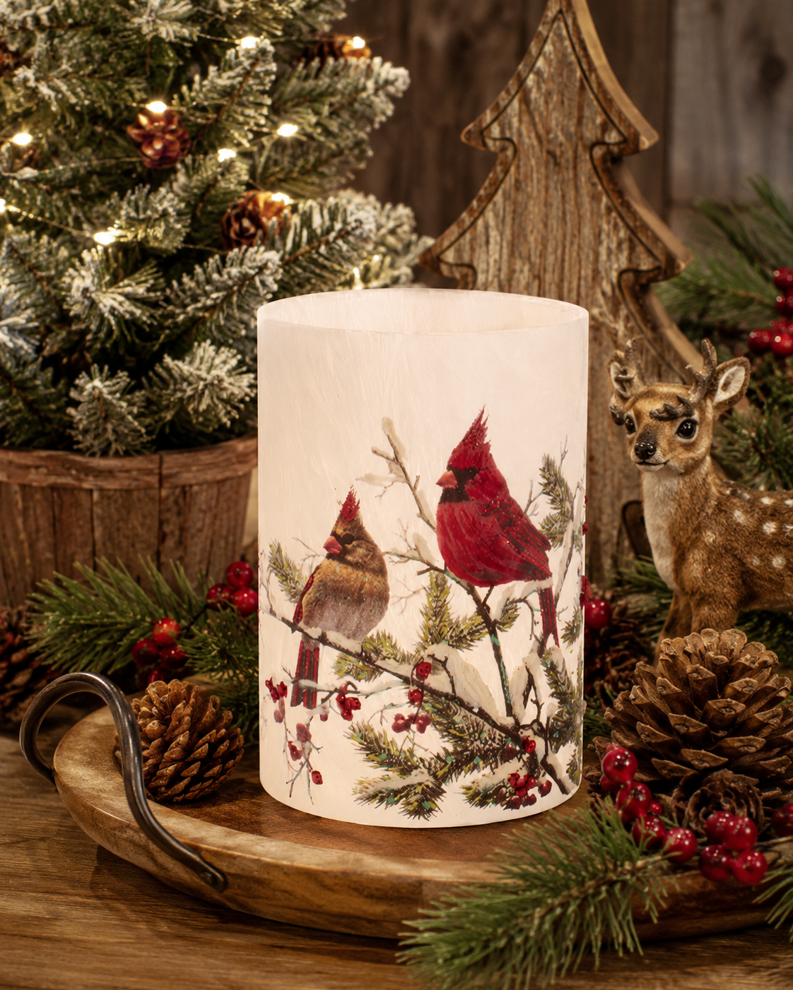 Winter Scene Double Cardinal Candle Holder
