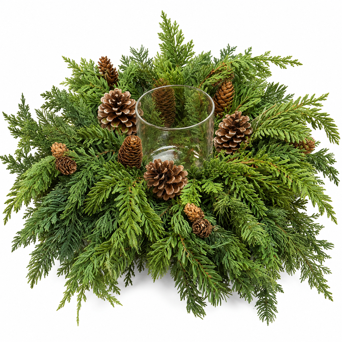 18" Noble Cedar w/ Cones Glass Candleholder