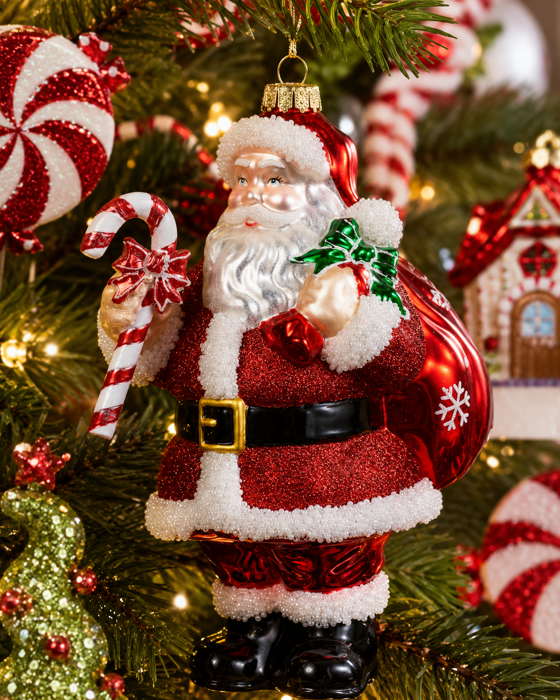 8" Glass Santa with Candy Cane Ornament