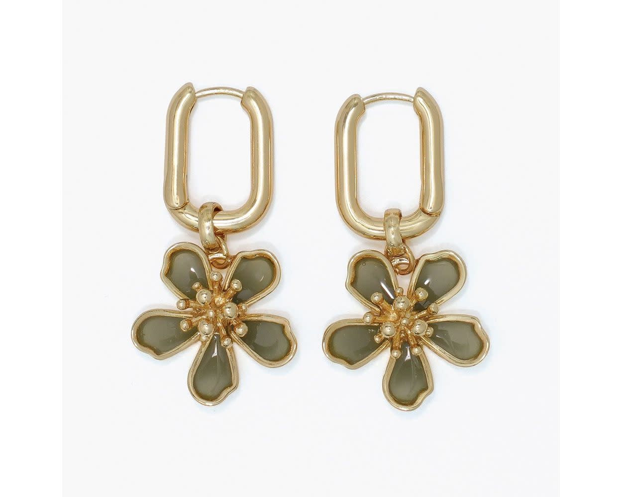 Gold Hoops w/ Green Flower Earrings