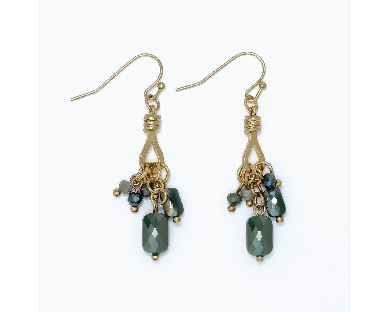 Gold & Faceted Green Bead Cluster Earrings