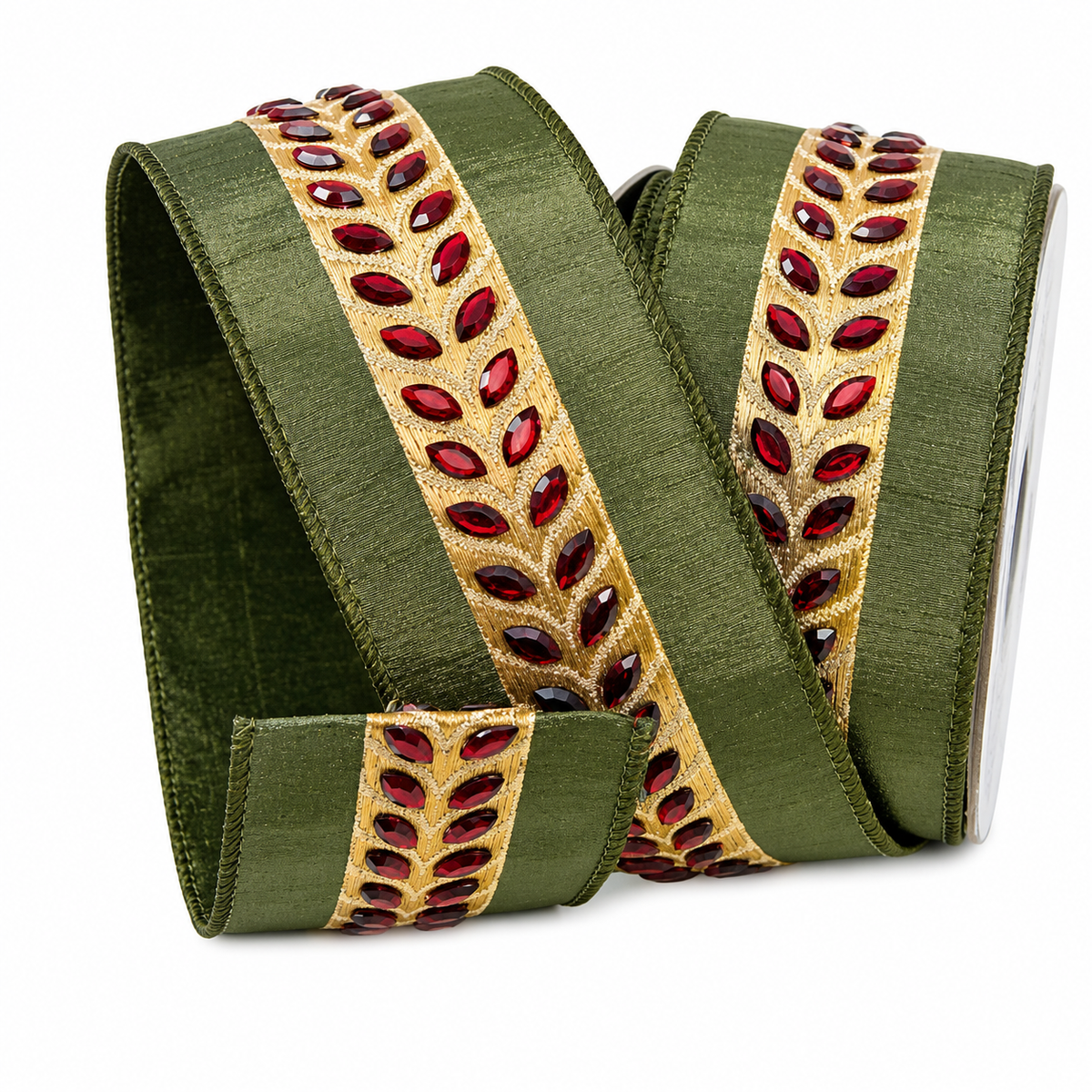 2.5" x 10 Yards Olive Ruby Chevron Jewel Wired Ribbon