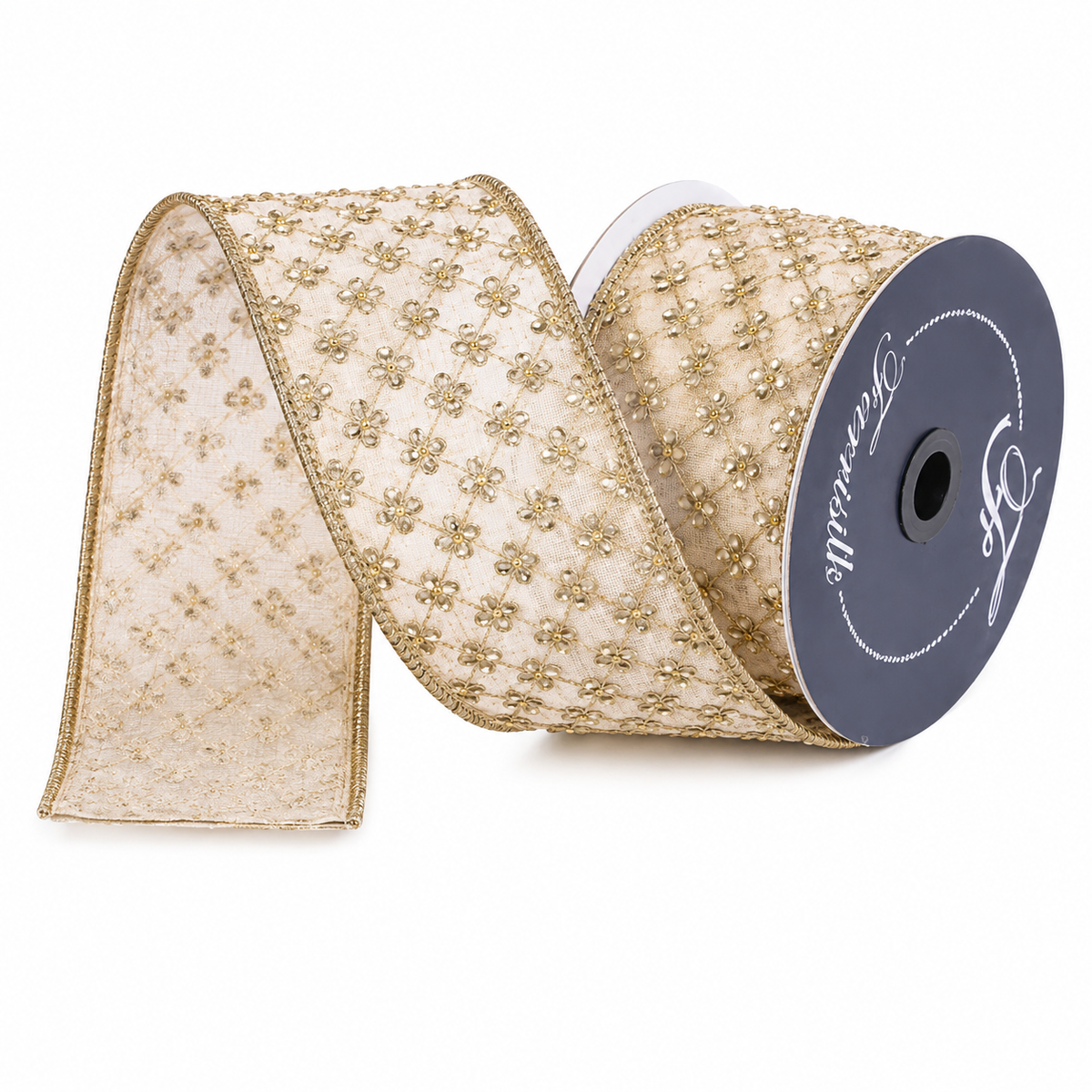 3" x 5 Yards Gold Lattice Diamonds Wired Ribbon