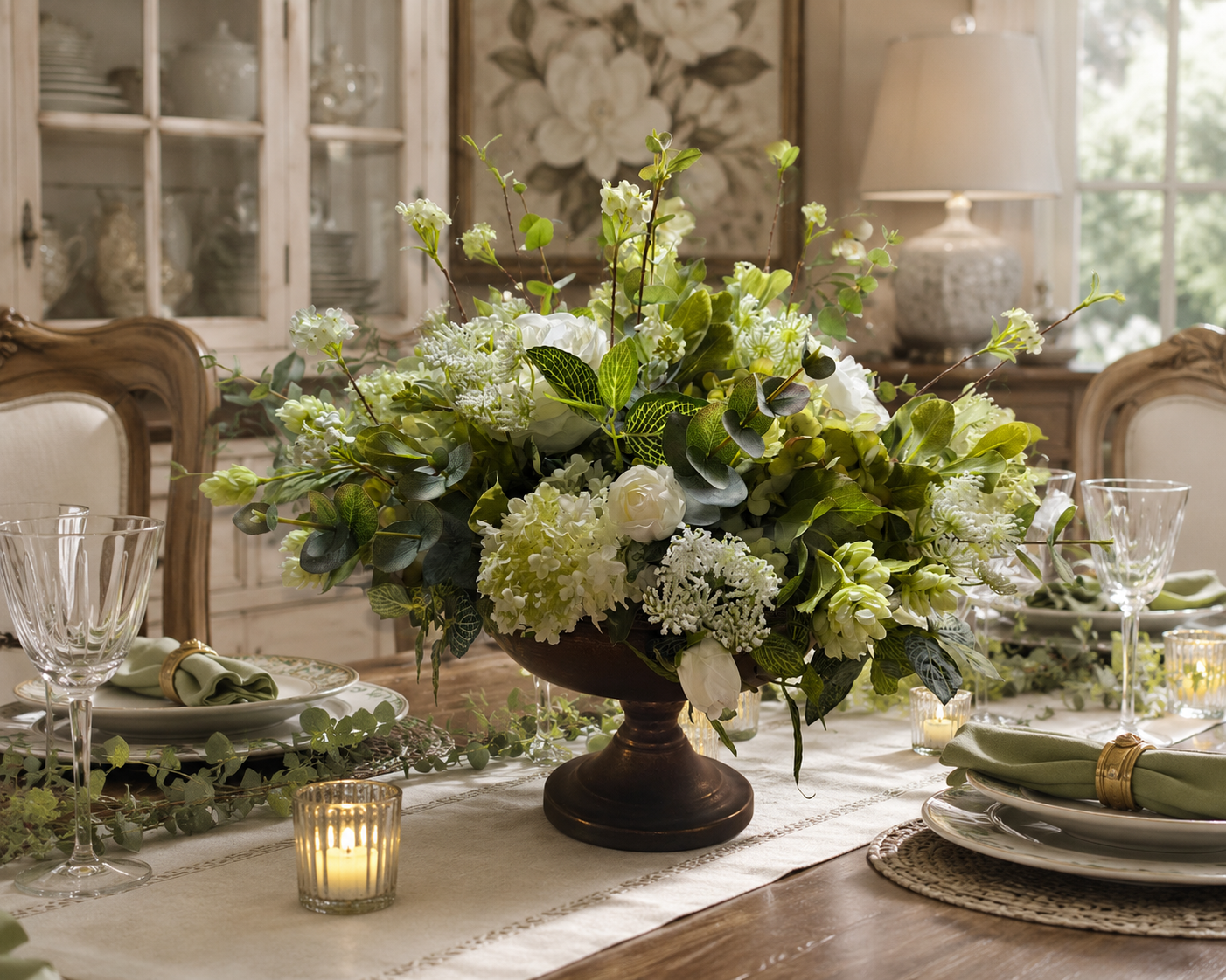 Custom English Garden Arrangement in Tuscan Pedestal Container