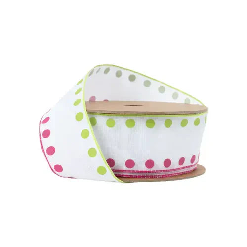 1.5" x 10 Yards Candy Dot Pink & Green Wired Ribbon