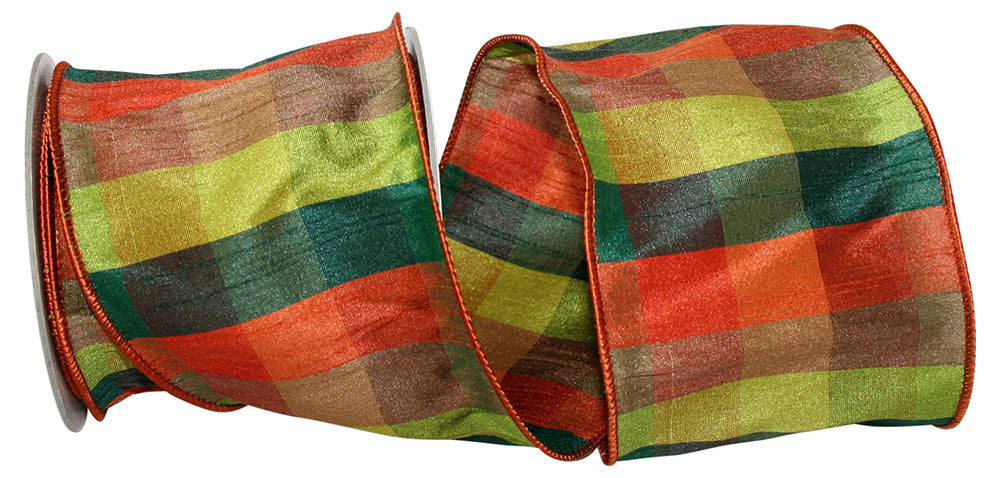 4" x 10 Yards Multi Plaid Fall Dupioni Wired Edge Ribbon