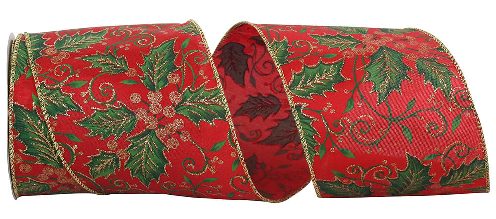 4" x 10 YDS Satin Glitter Holly Leaf Ribbon