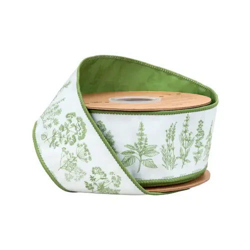 2.5" x 10 Yards Green & White Herbs Wired Dupioni Ribbon