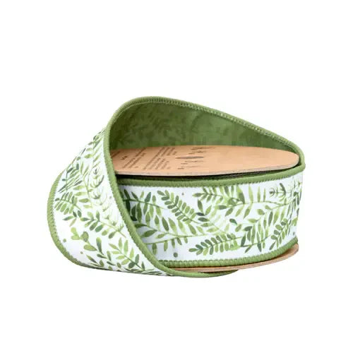 1.5" x 10 Yards Ferns on White Wired Dupioni Ribbon