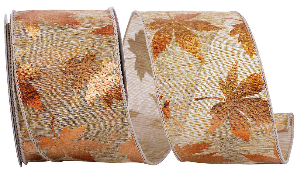 2.5" x 10 Yards Metallic Raised Natural Leaf Wired Edge Ribbon