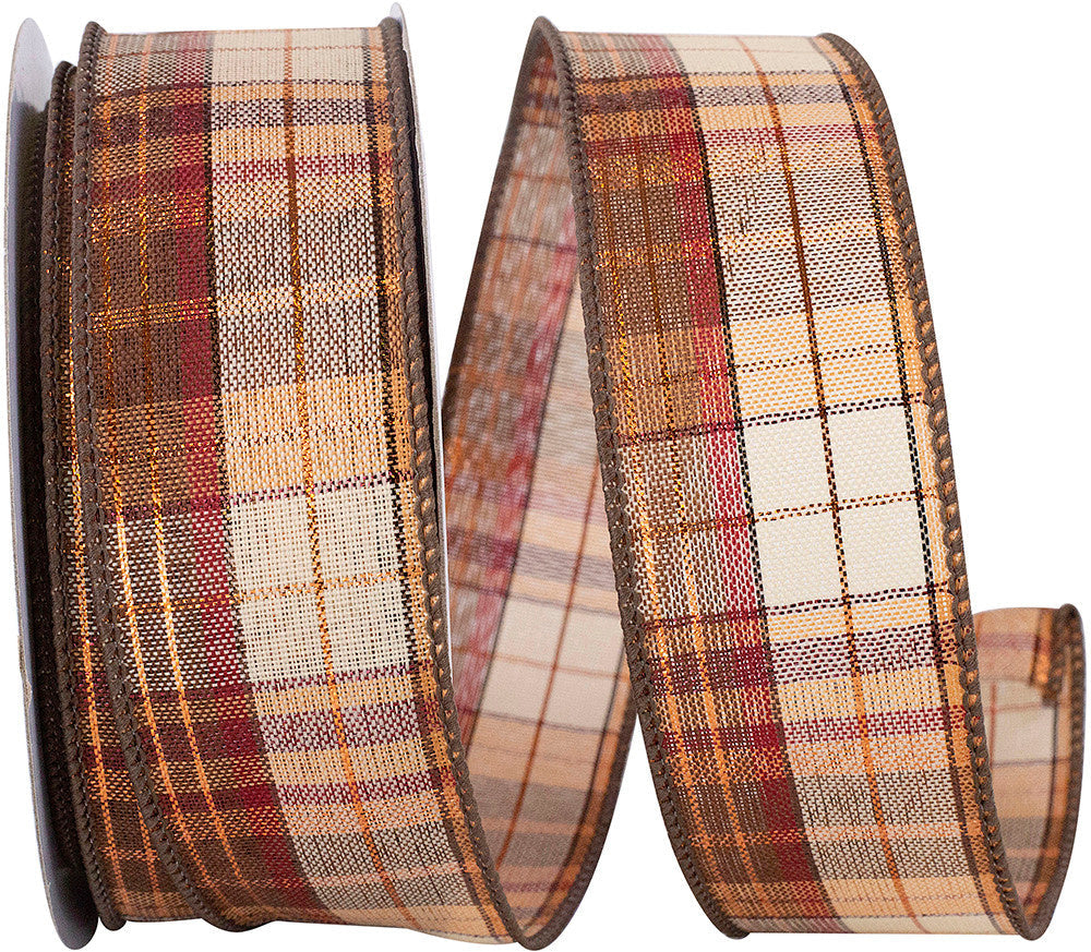 1.5" x 20 Yards Chocolate Copper Plaid Wired Edge Ribbon