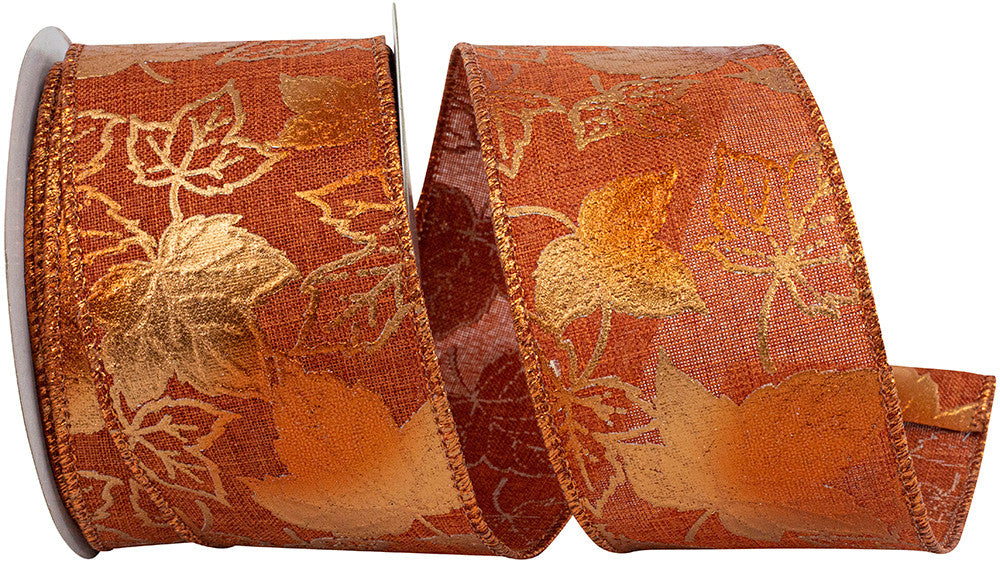 2.5" x 10 Yards Metallic Raised Leaf Rust Wired Edge Ribbon