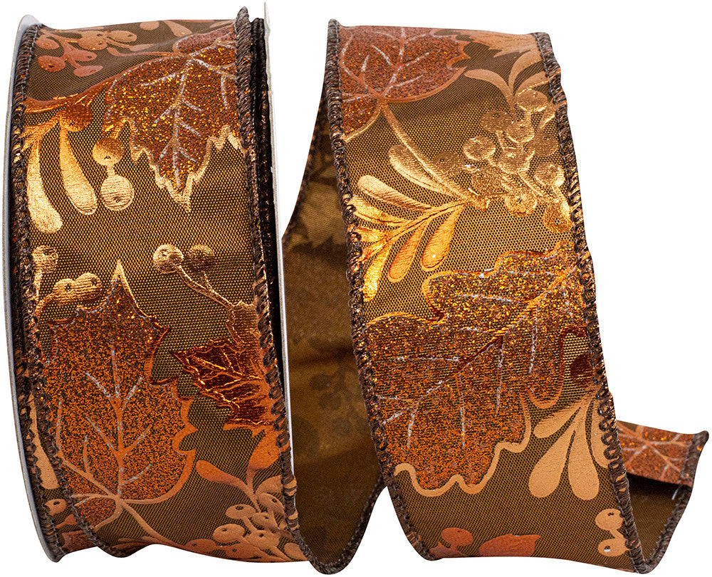 1.5" x 10 Yards Leaves & Acorn Metallic Wired Edge Ribbon