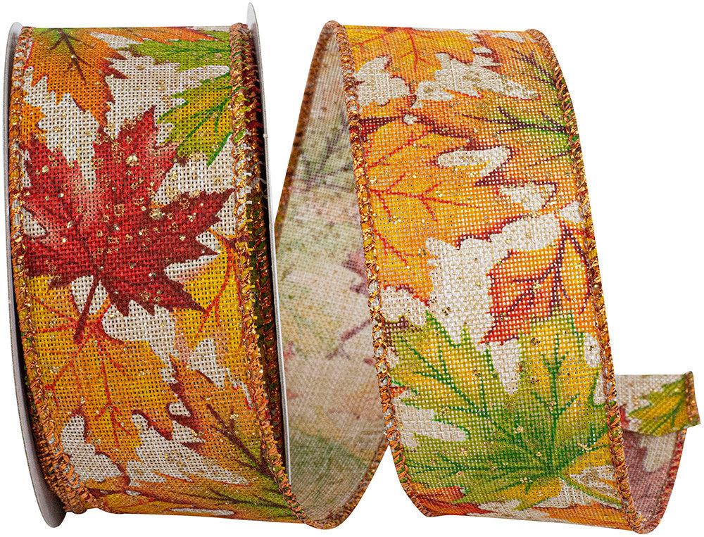 1.5" x 10 Yards Multi Color Leaf Wired Edge Ribbon