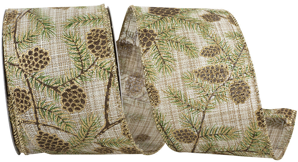2.5" x 10 Yards Linen Pinecone Glitter Wired Edge Ribbon