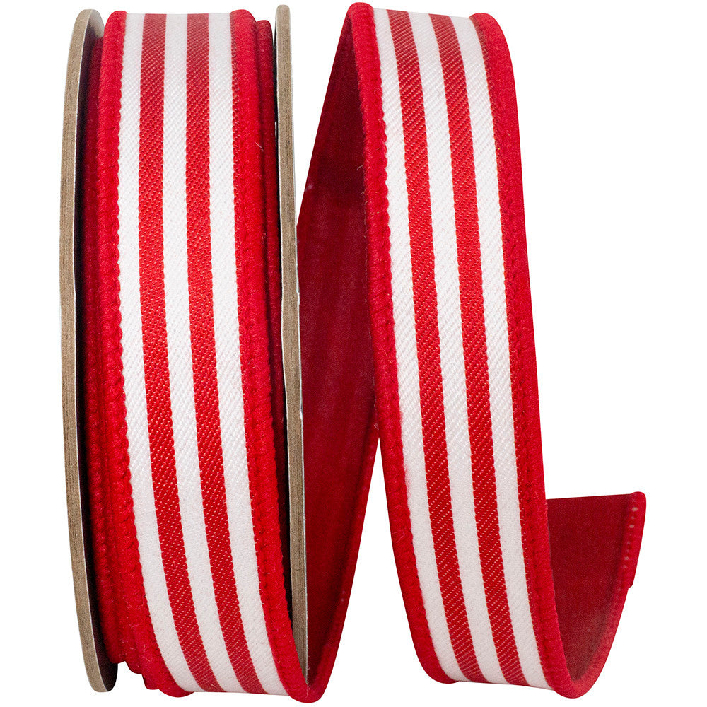 1" x 10 Yards Red/White Striped Twill Wired Ribbon