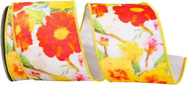 4" x 10 Yds Yellow Floral Dupioni Wired Ribbon