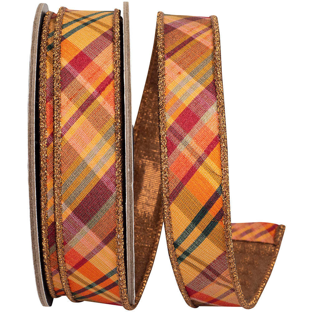 Fall Diagonal Metallic Backed Wired Edge Ribbon