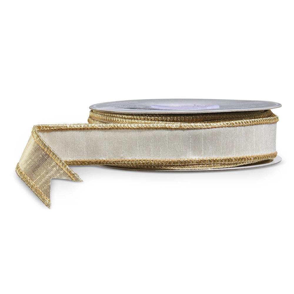 1" x 10 YDS White Gold Wired Ribbon