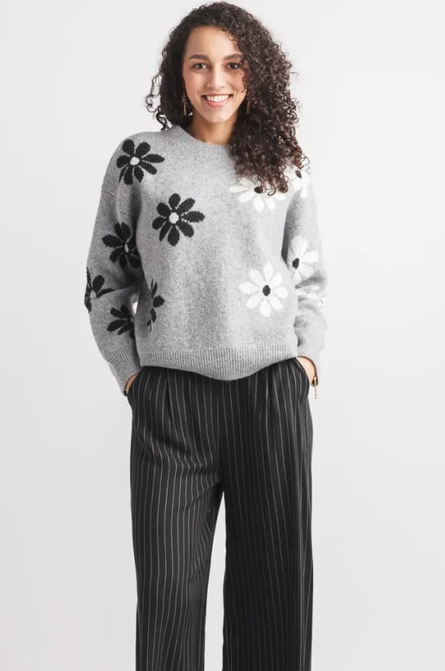 Gray Daisy Knit Intarsia Sweater By: Papillon