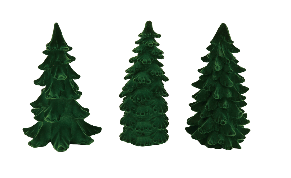 Set of 3 Textured Green Flocked Trees
