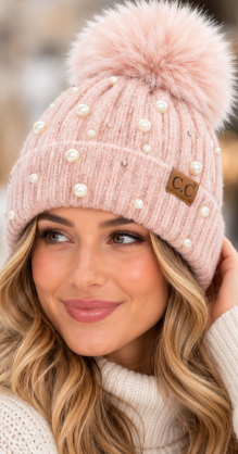 Rose Pearl & Rhinestone Pom Pom Beanie